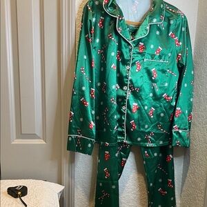Holiday Green Kids Pajama Set with Red Stocking Design
